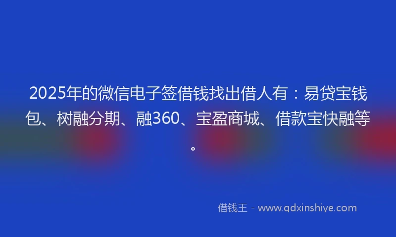 2025年的微信电子签借钱找出借人有：易贷宝钱包、树融分期、融360、宝盈商城、借款宝快融等。