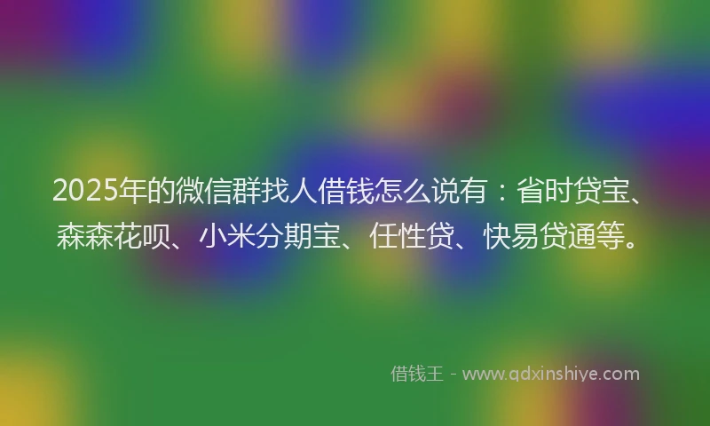 2025年的微信群找人借钱怎么说有：省时贷宝、森森花呗、小米分期宝、任性贷、快易贷通等。