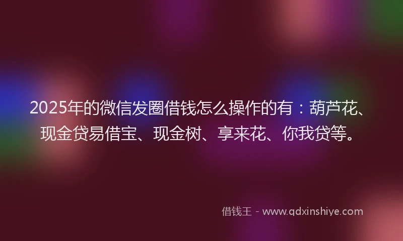 2025年的微信发圈借钱怎么操作的有：葫芦花、现金贷易借宝、现金树、享来花、你我贷等。