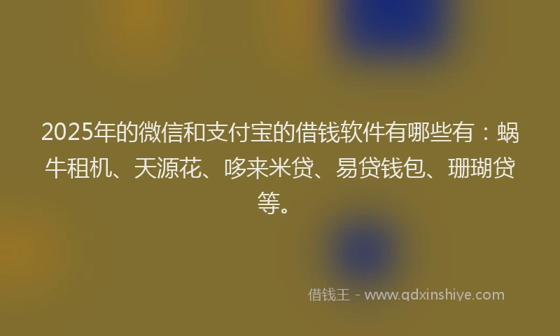 2025年的微信和支付宝的借钱软件有哪些有：蜗牛租机、天源花、哆来米贷、易贷钱包、珊瑚贷等。