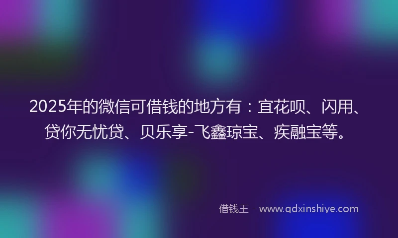 2025年的微信可借钱的地方有：宜花呗、闪用、贷你无忧贷、贝乐享-飞鑫琼宝、疾融宝等。