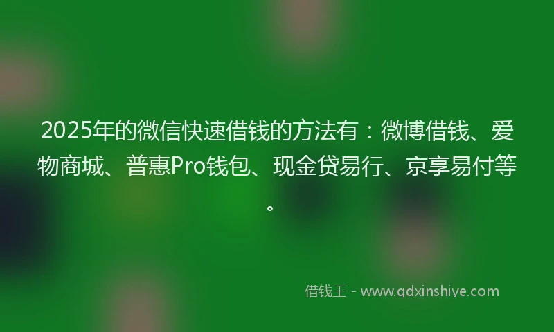 2025年的微信快速借钱的方法有：微博借钱、爱物商城、普惠Pro钱包、现金贷易行、京享易付等。