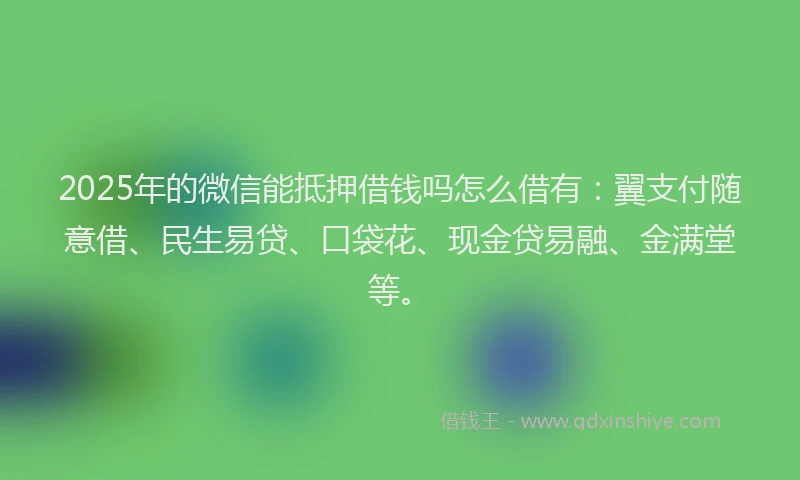 2025年的微信能抵押借钱吗怎么借有：翼支付随意借、民生易贷、口袋花、现金贷易融、金满堂等。