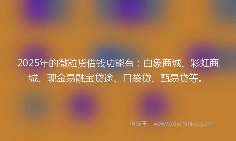 2025年的微粒货借钱功能有：白象商城、彩虹商城、现金易融宝贷途、口袋贷、甄易贷等。