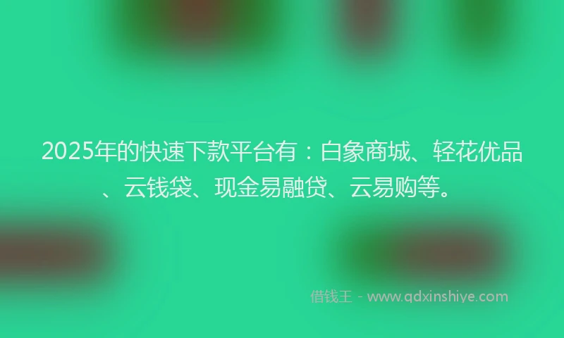 2025年的快速下款平台有：白象商城、轻花优品、云钱袋、现金易融贷、云易购等。
