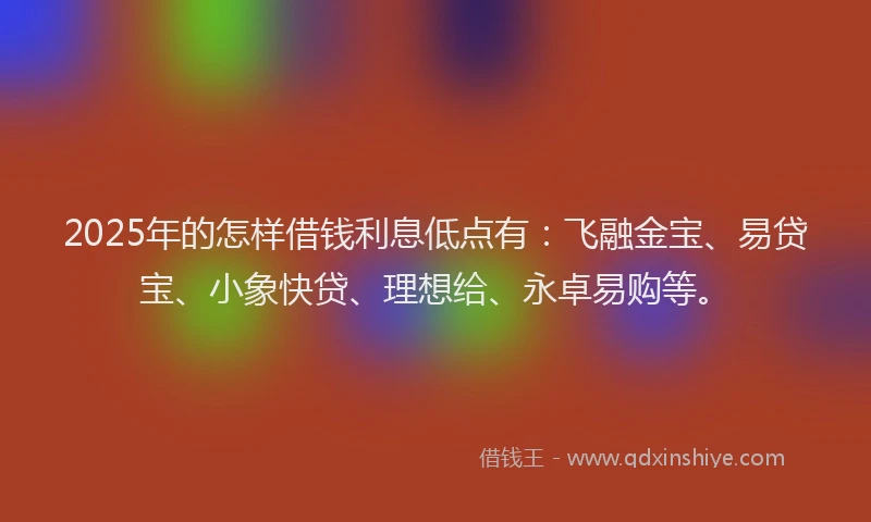 2025年的怎样借钱利息低点有：飞融金宝、易贷宝、小象快贷、理想给、永卓易购等。