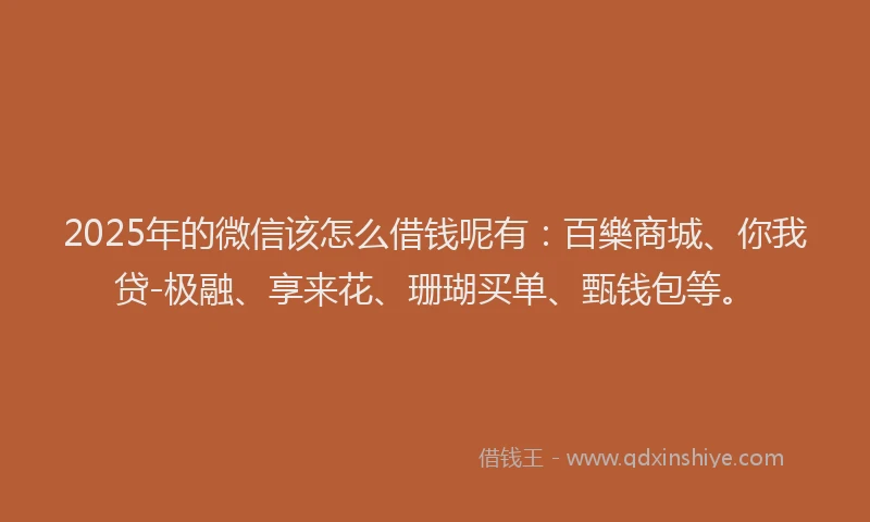 2025年的微信该怎么借钱呢有：百樂商城、你我贷-极融、享来花、珊瑚买单、甄钱包等。