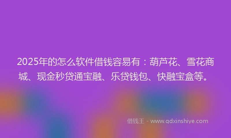 2025年的怎么软件借钱容易有：葫芦花、雪花商城、现金秒贷通宝融、乐贷钱包、快融宝盒等。