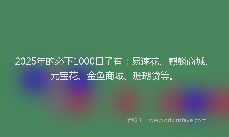 2025年的必下1000口子有：易速花、麒麟商城、元宝花、金鱼商城、珊瑚贷等。