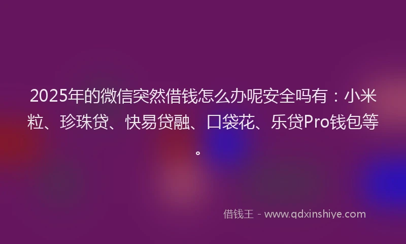 2025年的微信突然借钱怎么办呢安全吗有：小米粒、珍珠贷、快易贷融、口袋花、乐贷Pro钱包等。