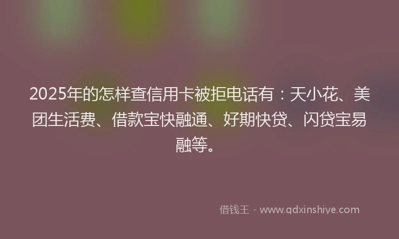 2025年的怎样查信用卡被拒电话有：天小花、美团生活费、借款宝快融通、好期快贷、闪贷宝易融等。