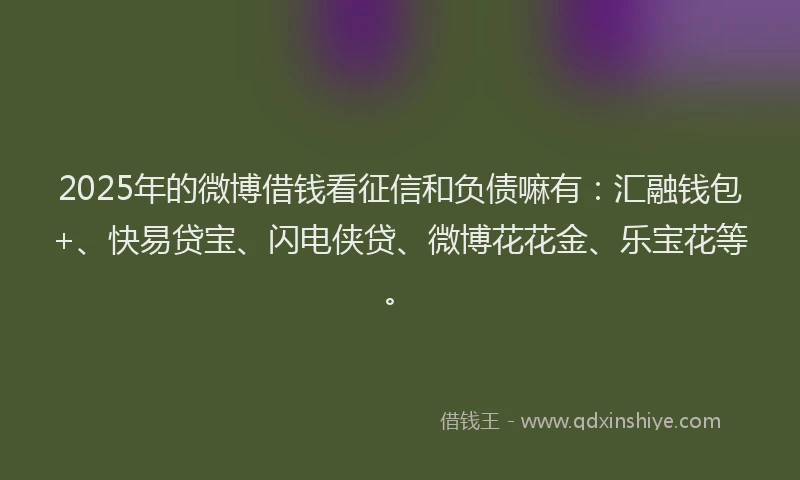 2025年的微博借钱看征信和负债嘛有：汇融钱包+、快易贷宝、闪电侠贷、微博花花金、乐宝花等。