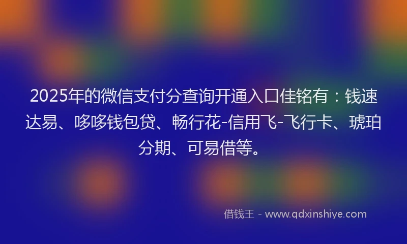 2025年的微信支付分查询开通入口佳铭有：钱速达易、哆哆钱包贷、畅行花-信用飞-飞行卡、琥珀分期、可易借等。