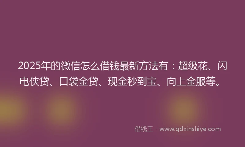 2025年的微信怎么借钱最新方法有：超级花、闪电侠贷、口袋金贷、现金秒到宝、向上金服等。