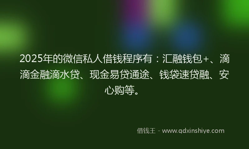 2025年的微信私人借钱程序有：汇融钱包+、滴滴金融滴水贷、现金易贷通途、钱袋速贷融、安心购等。