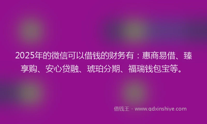 2025年的微信可以借钱的财务有：惠商易借、臻享购、安心贷融、琥珀分期、福瑞钱包宝等。
