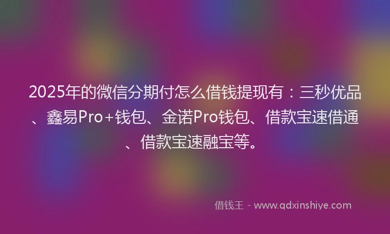 2025年的微信分期付怎么借钱提现有：三秒优品、鑫易Pro+钱包、金诺Pro钱包、借款宝速借通、借款宝速融宝等。