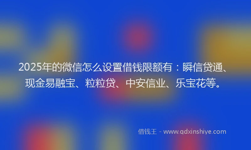 2025年的微信怎么设置借钱限额有：瞬信贷通、现金易融宝、粒粒贷、中安信业、乐宝花等。