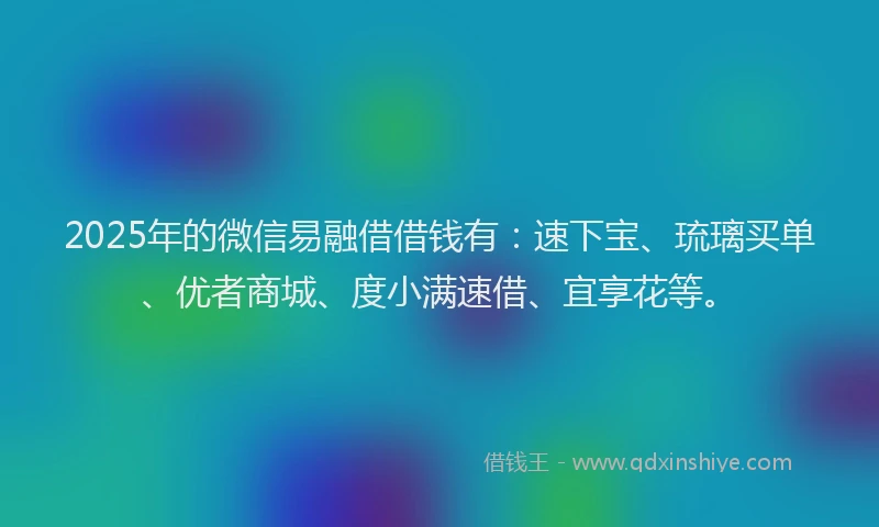 2025年的微信易融借借钱有：速下宝、琉璃买单、优者商城、度小满速借、宜享花等。