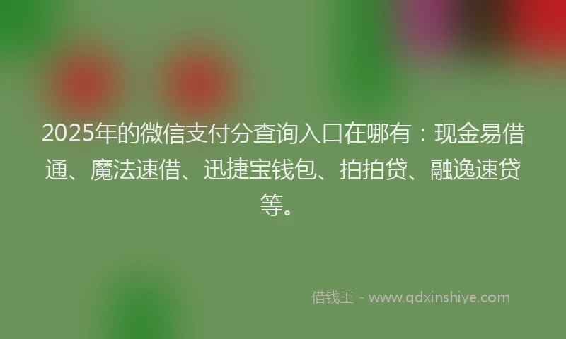 2025年的微信支付分查询入口在哪有：现金易借通、魔法速借、迅捷宝钱包、拍拍贷、融逸速贷等。