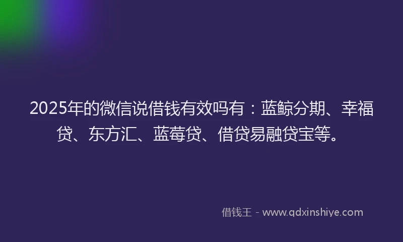 2025年的微信说借钱有效吗有：蓝鲸分期、幸福贷、东方汇、蓝莓贷、借贷易融贷宝等。