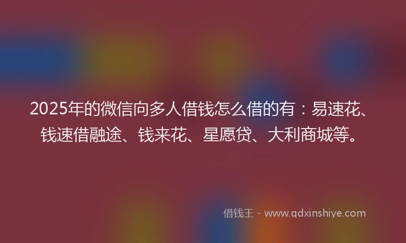 2025年的微信向多人借钱怎么借的有：易速花、钱速借融途、钱来花、星愿贷、大利商城等。