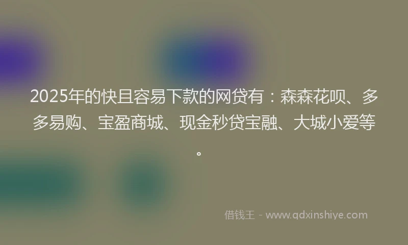 2025年的快且容易下款的网贷有：森森花呗、多多易购、宝盈商城、现金秒贷宝融、大城小爱等。