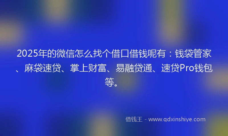 2025年的微信怎么找个借口借钱呢有：钱袋管家、麻袋速贷、掌上财富、易融贷通、速贷Pro钱包等。