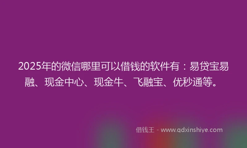 2025年的微信哪里可以借钱的软件有：易贷宝易融、现金中心、现金牛、飞融宝、优秒通等。