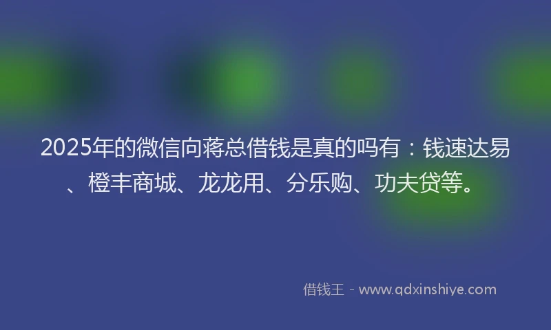 2025年的微信向蒋总借钱是真的吗有：钱速达易、橙丰商城、龙龙用、分乐购、功夫贷等。