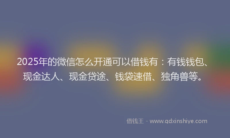 2025年的微信怎么开通可以借钱有：有钱钱包、现金达人、现金贷途、钱袋速借、独角兽等。