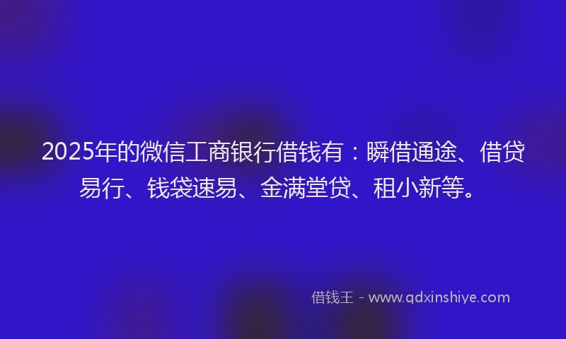 2025年的微信工商银行借钱有：瞬借通途、借贷易行、钱袋速易、金满堂贷、租小新等。