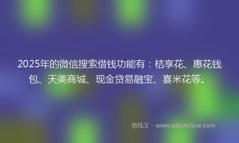 2025年的微信搜索借钱功能有：桔享花、惠花钱包、天美商城、现金贷易融宝、喜米花等。