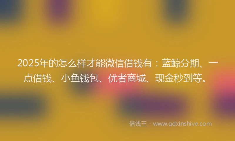 2025年的怎么样才能微信借钱有：蓝鲸分期、一点借钱、小鱼钱包、优者商城、现金秒到等。