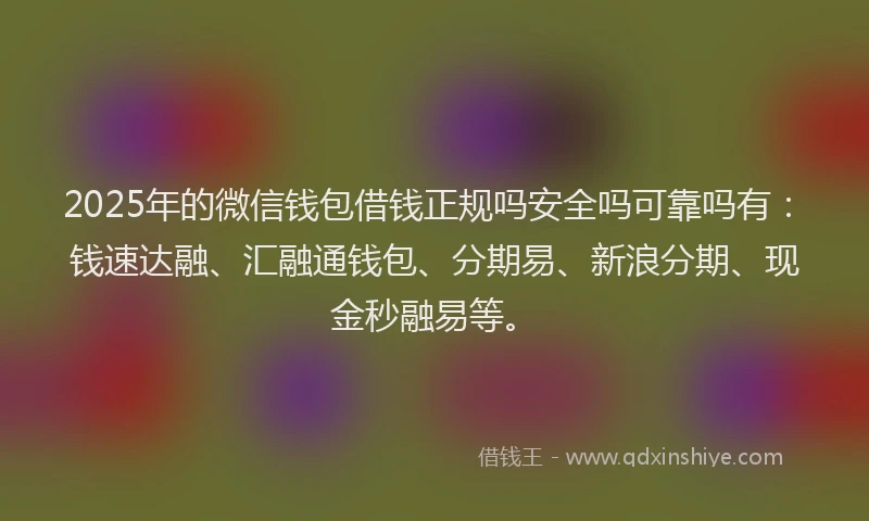 2025年的微信钱包借钱正规吗安全吗可靠吗有：钱速达融、汇融通钱包、分期易、新浪分期、现金秒融易等。