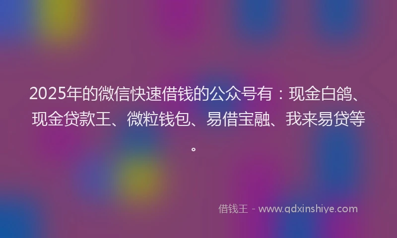 2025年的微信快速借钱的公众号有：现金白鸽、现金贷款王、微粒钱包、易借宝融、我来易贷等。