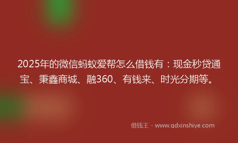 2025年的微信蚂蚁爱帮怎么借钱有：现金秒贷通宝、秉鑫商城、融360、有钱来、时光分期等。