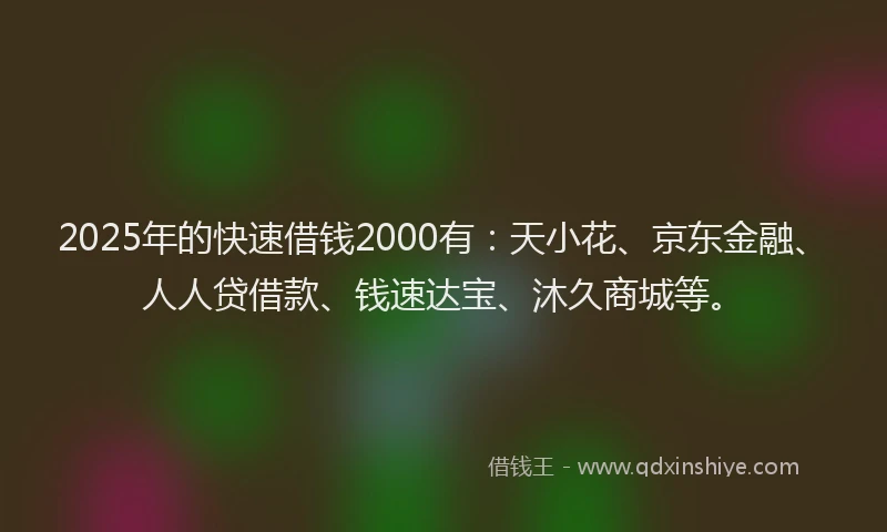 2025年的快速借钱2000有：天小花、京东金融、人人贷借款、钱速达宝、沐久商城等。