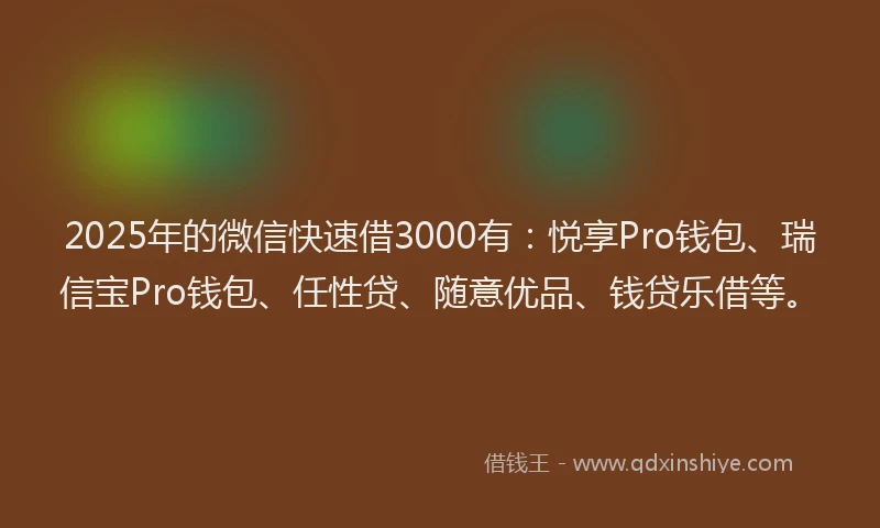 2025年的微信快速借3000有：悦享Pro钱包、瑞信宝Pro钱包、任性贷、随意优品、钱贷乐借等。