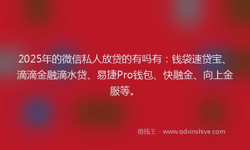 2025年的微信私人放贷的有吗有：钱袋速贷宝、滴滴金融滴水贷、易捷Pro钱包、快融金、向上金服等。