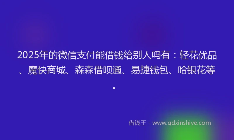 2025年的微信支付能借钱给别人吗有：轻花优品、魔快商城、森森借呗通、易捷钱包、哈银花等。