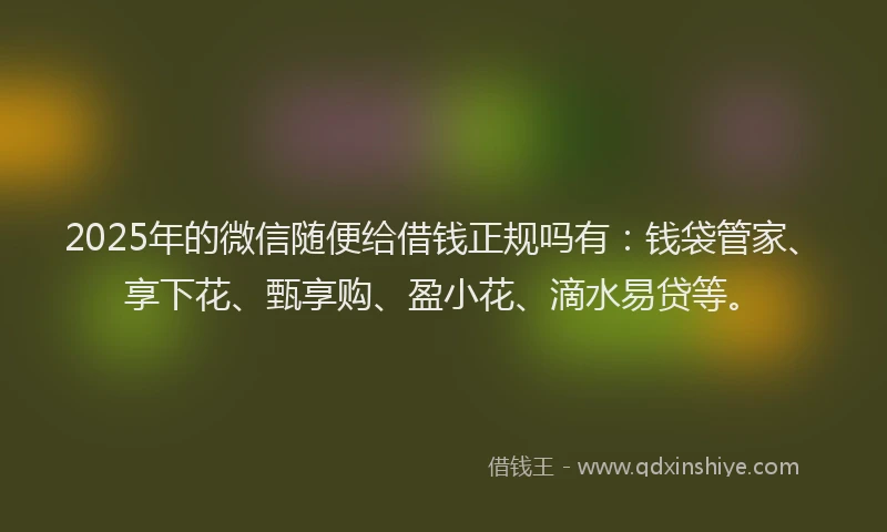 2025年的微信随便给借钱正规吗有：钱袋管家、享下花、甄享购、盈小花、滴水易贷等。