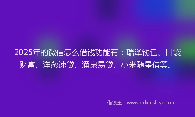 2025年的微信怎么借钱功能有：瑞泽钱包、口袋财富、洋葱速贷、涌泉易贷、小米随星借等。