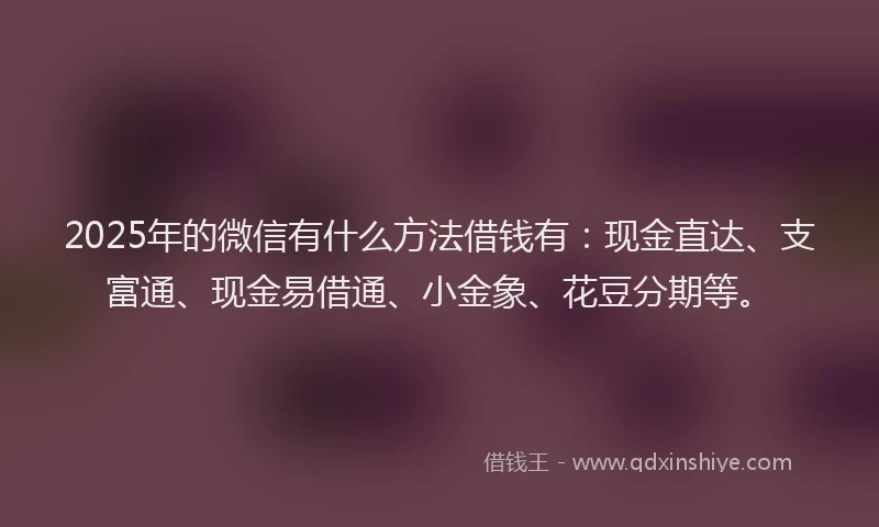 2025年的微信有什么方法借钱有：现金直达、支富通、现金易借通、小金象、花豆分期等。