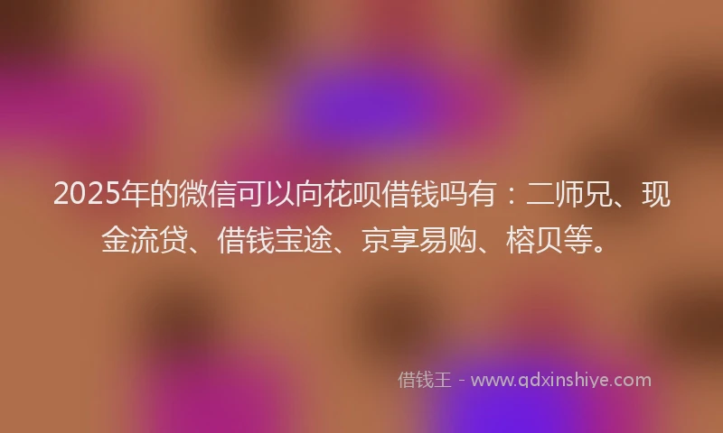 2025年的微信可以向花呗借钱吗有：二师兄、现金流贷、借钱宝途、京享易购、榕贝等。