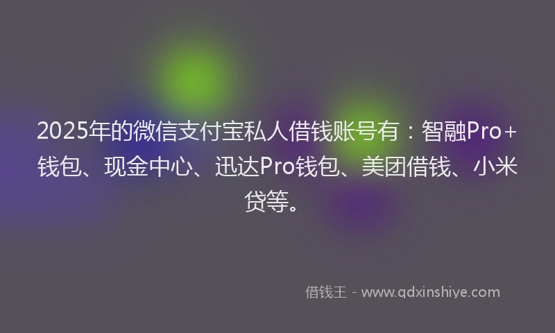 2025年的微信支付宝私人借钱账号有：智融Pro+钱包、现金中心、迅达Pro钱包、美团借钱、小米贷等。
