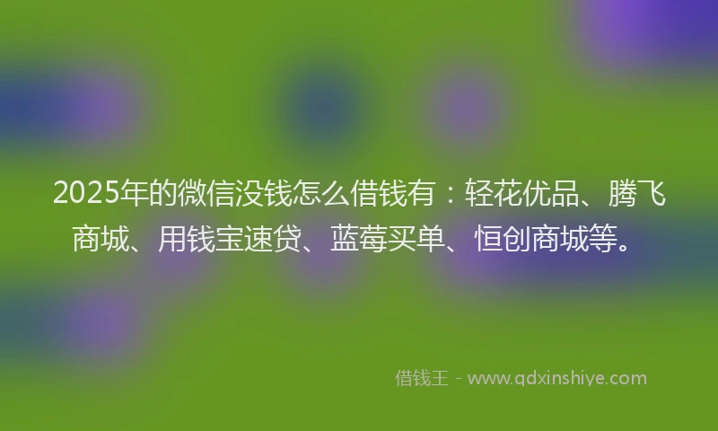 2025年的微信没钱怎么借钱有：轻花优品、腾飞商城、用钱宝速贷、蓝莓买单、恒创商城等。