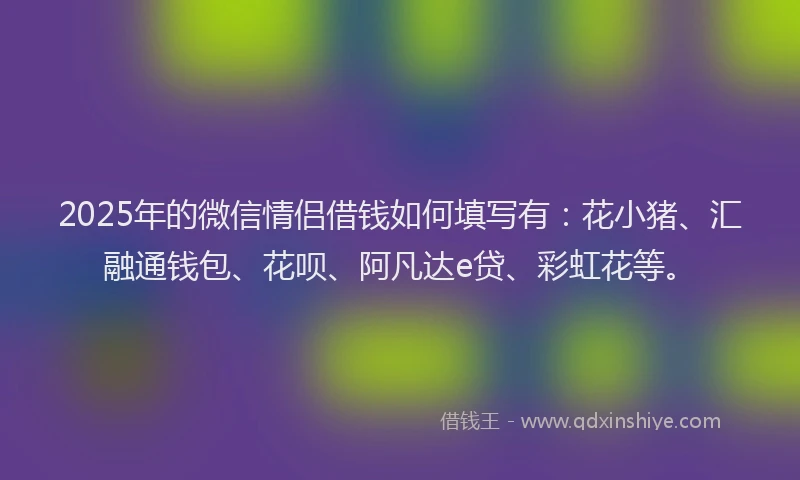 2025年的微信情侣借钱如何填写有：花小猪、汇融通钱包、花呗、阿凡达e贷、彩虹花等。