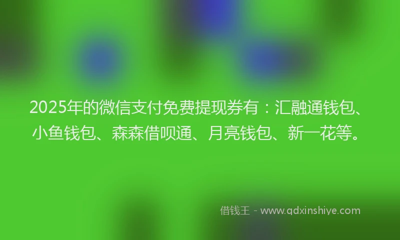 2025年的微信支付免费提现券有：汇融通钱包、小鱼钱包、森森借呗通、月亮钱包、新一花等。