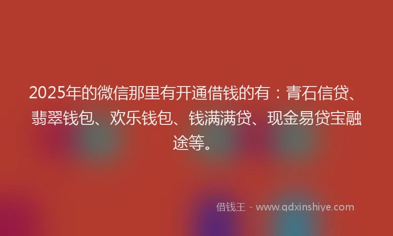 2025年的微信那里有开通借钱的有：青石信贷、翡翠钱包、欢乐钱包、钱满满贷、现金易贷宝融途等。